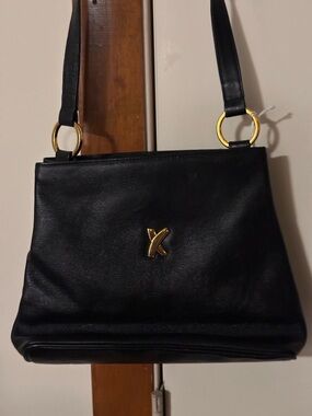 Paloma Picasso Genuine Black Leather Shoulder Bag with Gold Hardware